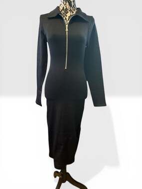 OQQ Ribbed Quarter Zip Long Sleeve Bodycon Midi Dress Black Size L NWT